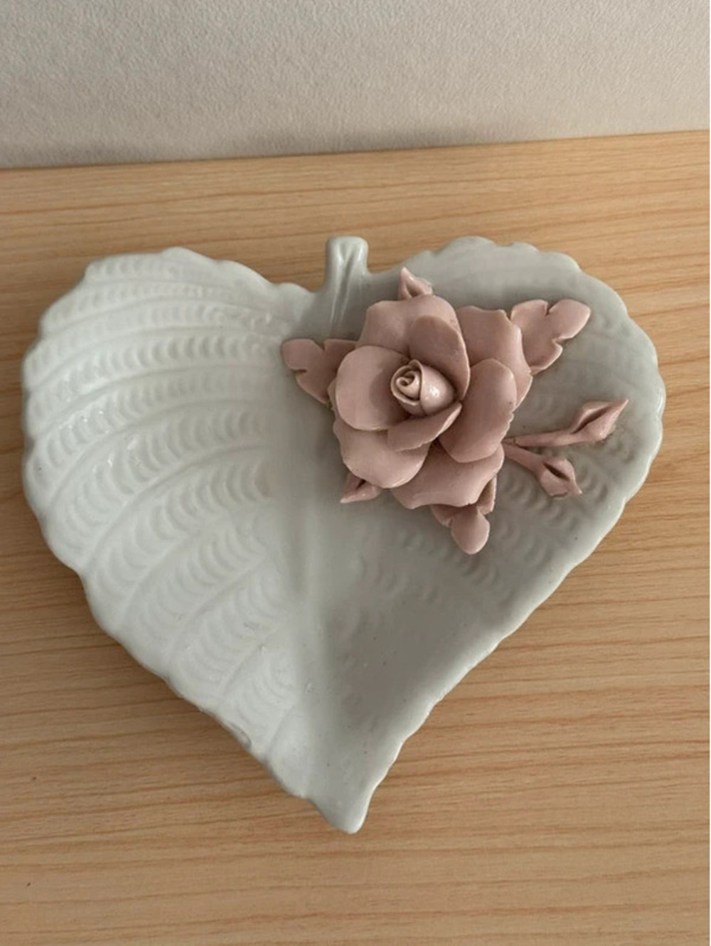 Vintage Nuova Capodimonte Italy Porcelain Leaf Dish Pink Rose Hand Painted